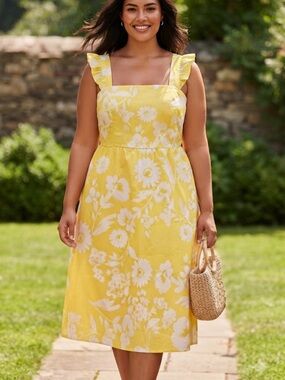 Floral Cottagecore Midi Dress XL Ruffle Picnic Summer Sundress with pockets